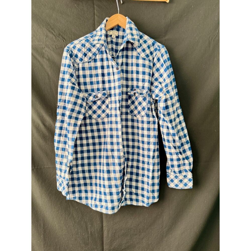 Matchstick Womens Shirt Argus White Navy Plaid Flannel Roll Tab Sleeve Size L